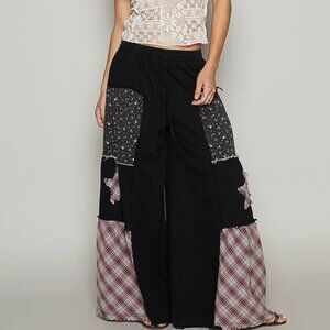 POL Drawstring Star Patch Contrast Wide Leg Pants